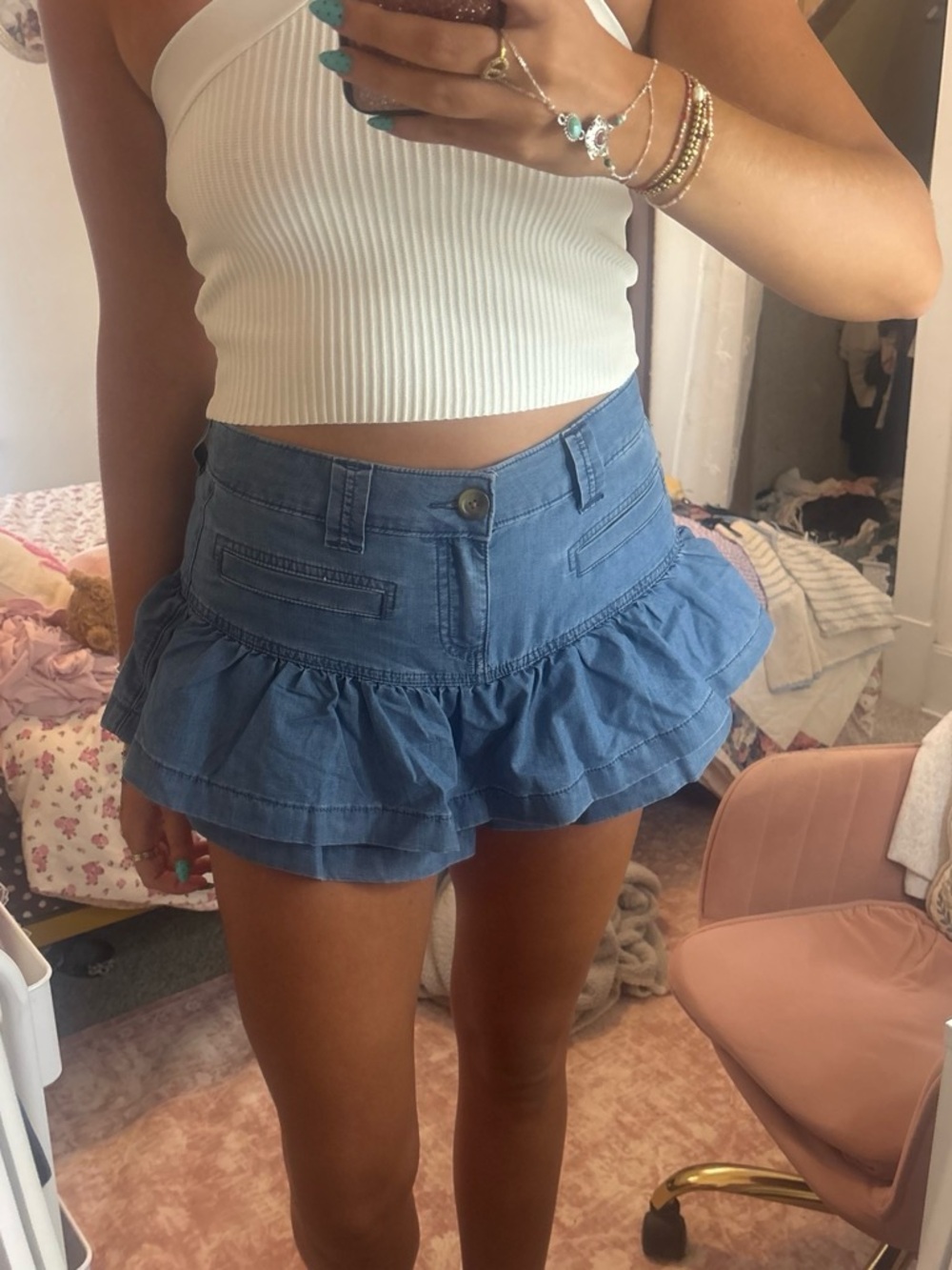 American Eagle Outfitters Blue Ruffled Denim Skort